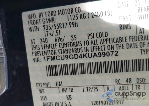 2019 Ford Escape Se из США, поврежденный, VIN 1FMCU9GD4KUA99072